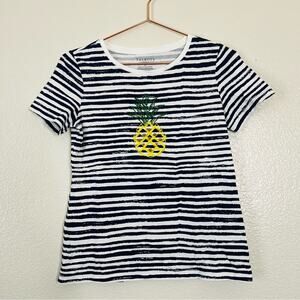 Talbots navy blue white stripe embellished pineapple short sleeve tee t-shirt